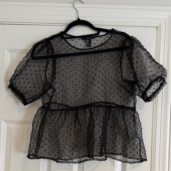 Forever 21 Black Sheer Polka Dot Blouse SZ S - Picture 1 of 3